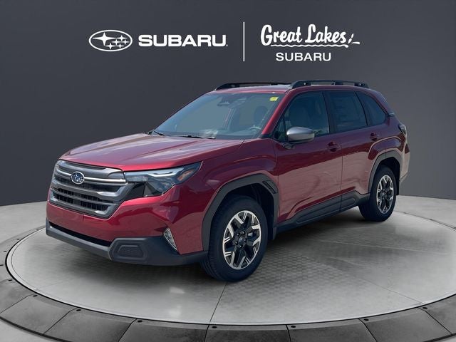 2026 Subaru FORESTER Premium in Crimson Red Pearl — front three-quarter view