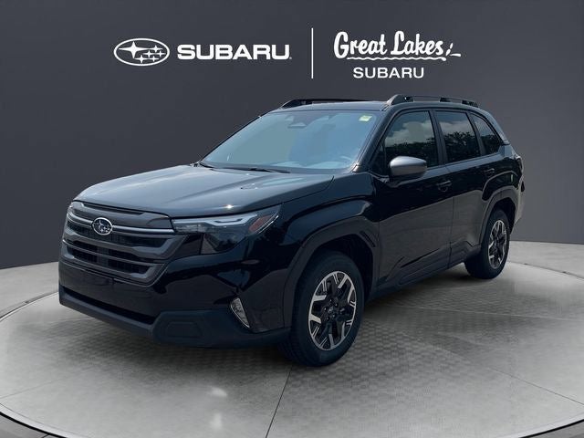2026 Subaru FORESTER Premium in Crystal Black Silica — front three-quarter view