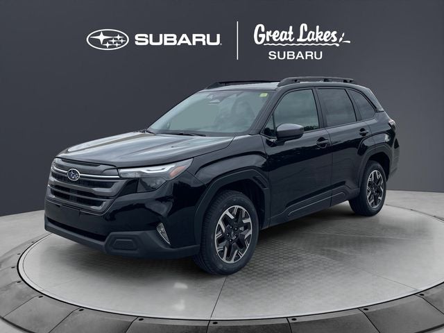 2026 Subaru FORESTER Premium in Crystal Black Silica — front three-quarter view