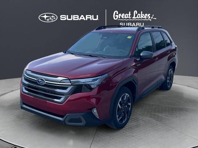 2026 Subaru FORESTER Limited Hybrid in Crimson Red Pearl — front three-quarter view